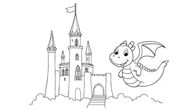 Placa de color de un castillo medieval con escalones, una puerta arqueada y una bandera ondeando, sobre nubes, con un dragón de dibujos animados volando a la derecha.