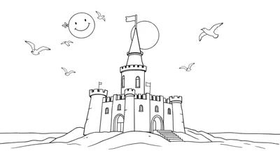 Una placa de color para colorear de un castillo en una isla con un sol sonriente y gaviotas.