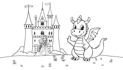 Placa de color de un castillo de cuento de hadas con una princesa y un dragón amigable.