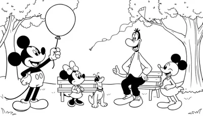 Placa de color de Mickey, Minnie y Pluto en un parque.