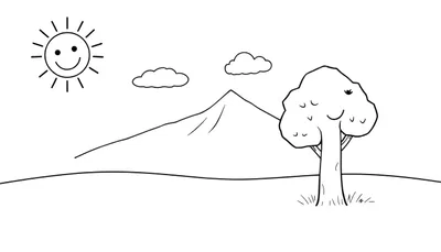 Página para colorear en blanco y negro de una placa de color con un sol sonriente, una nube esponjosa, una montaña y un árbol amigable en un prado verde.