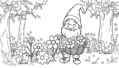 Placa de color: gnomo de jardín sonriente con sombrero puntiagudo y barba larga, sosteniendo una cesta llena de flores, rodeado de árboles florecientes, una ardilla y patos.