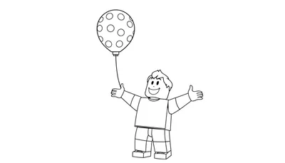 Placa de color de un personaje estilo Lego sonriente con un globo lleno de círculos.