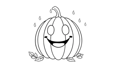 Placa de color de una calabaza sonriente con gotas de lluvia y hojas.