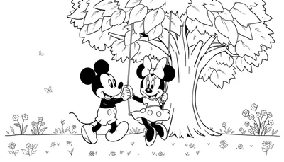 Placa de color para niños: Mickey y Minnie Mouse divirtiéndose en un columpio bajo un árbol frondoso.