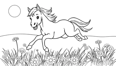 Un potrillo juguetón salta en un prado con margaritas, listo para colorear en blanco y negro.