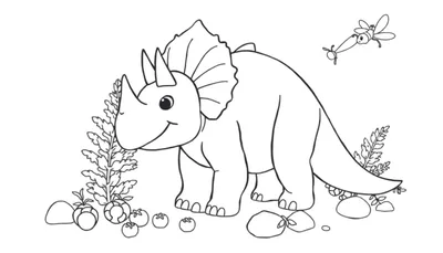 Placa de color de un Triceratops sonriente con plantas y frutos.
