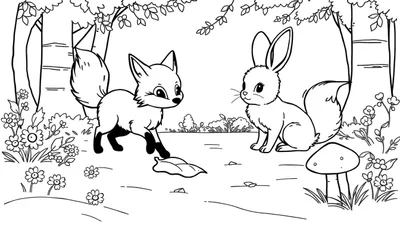 Placa de color: Zorro y conejito jugando en el bosque.