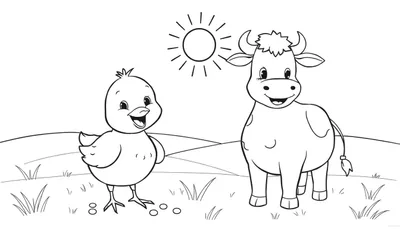 Placa de color de un pollito y una vaca en un campo soleado.