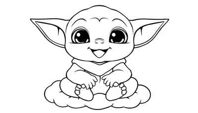 Página para colorear de Baby Yoda sentado en una nube.