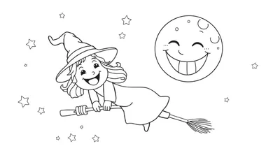 Placa de color de una brujita sonriente volando en escoba entre estrellas y una luna amigable.