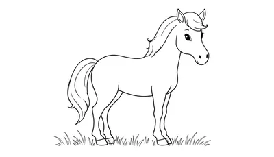 Placa de color de un caballo de dibujos animados listo para colorear con melena y cola largas.