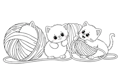 Página para colorear de gatitos blancos jugando con ovillos de lana, con contornos sencillos para colorear.