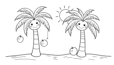 Una placa de color en blanco y negro con dos palmeras sonrientes y cocos en una playa.