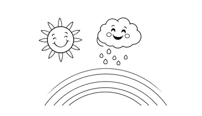 Placa de color con un sol sonriente a la izquierda, una nube sonriente con lluvia a la derecha y un arcoíris debajo.