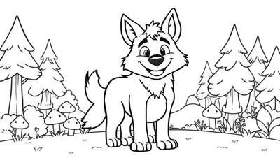 Placa de color de un lobo caricaturesco sonriente en un bosque.