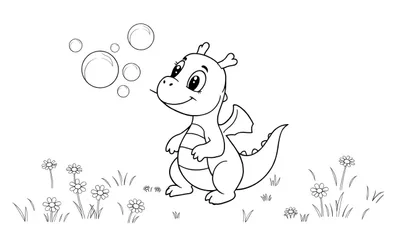 Placa de color de un pequeño dragón soplando burbujas entre flores.