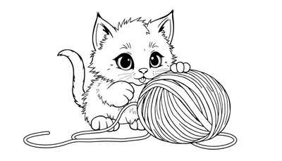 Gatito tierno jugando con ovillo de lana, listo para colorear, diseño de placa de color.