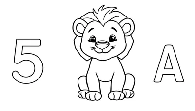 Página para colorear: número 5 a la izquierda, un león de dibujos animados sentado en el centro y la letra A a la derecha, todo en blanco y negro para colorear. Esta es una placa de color para que los niños la pinten.