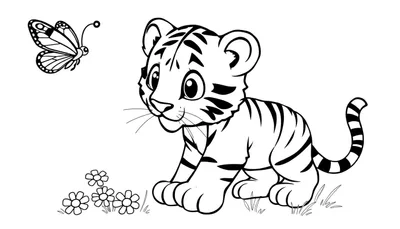 Placa de color de un cachorro de tigre de dibujos animados sentado en la hierba con una mariposa, listo para colorear.