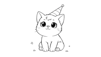 Placa de color: Gato de fiesta con gorro a rayas y confeti.