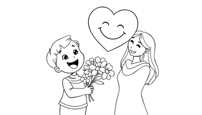 Placa de color: un niño feliz regalando un ramo de flores a su mamá, con un gran corazón sonriente flotando arriba. ¡Feliz Día de la Madre!