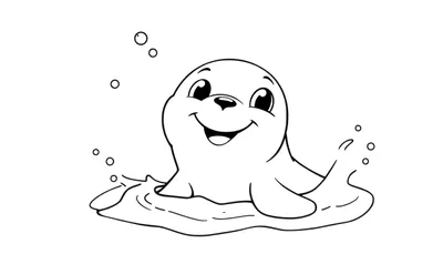 Placa de color de una foca sonriente nadando en burbujas.