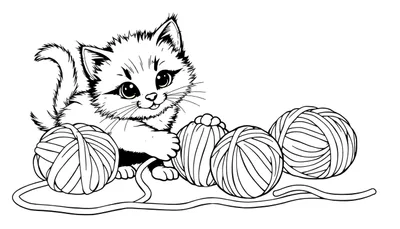 Placa de color: Gatito tierno jugando con ovillos de lana pastel, dibujo lineal.