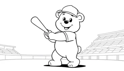 Placa de color: oso de peluche de dibujos animados sonriendo con un bate de béisbol en un estadio.