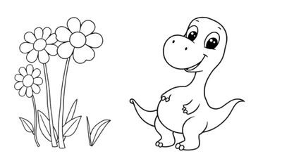 Placa de color: Un dinosaurio bebé sonriente jugando entre flores de colores.