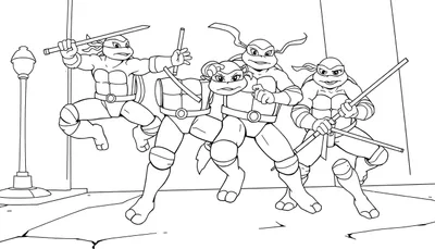 Ilustración lineal en blanco y negro de las Tortugas Ninja listas para colorear, mostrando a Leonardo, Donatello, Michelangelo y Raphael con sus armas.
