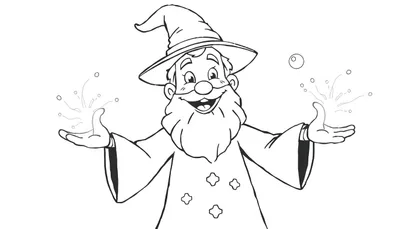 Mago caricaturizado simpático lanzando chispas mágicas, listo para colorear en esta placa de color.