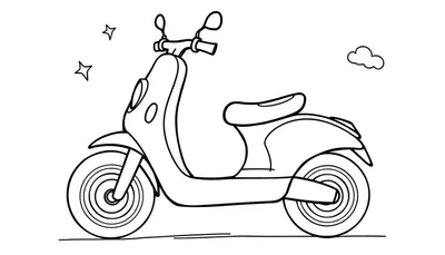 Dibujo lineal de un patinete de dibujos animados listo para colorear, con ruedas grandes y decoración de estrellas y nubes.