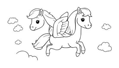 Dos caballos alados de dibujos animados volando juntos, listos para colorear en una placa de color.