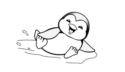 Dibujo de un pingüino de dibujos animados feliz deslizándose de espaldas sobre hielo, listo para ser coloreado. Es una placa de color para niños.