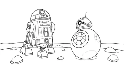 Placa de color de R2-D2 y BB-8 en un planeta desértico.