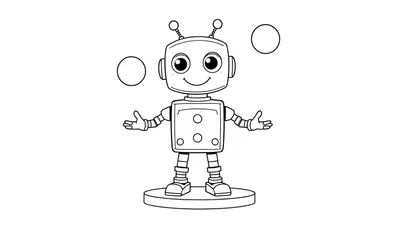 Un robot amigable con una placa de color haciendo malabares con tres círculos.