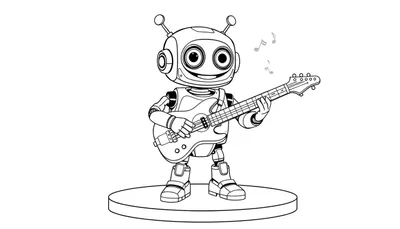 Placa de color: robot amigable tocando guitarra eléctrica