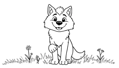 Placa de color de un lobo amistoso sonriendo en un campo de hierba con flores.