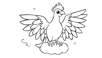 Placa de color de un pájaro amigable de dibujos animados posado en una nube con alas extendidas.