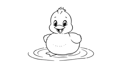 Un pollito de dibujos animados feliz en una charca, listo para colorear, en una placa de color.