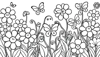 Placa de color de un jardín con flores sonrientes y mariposas.