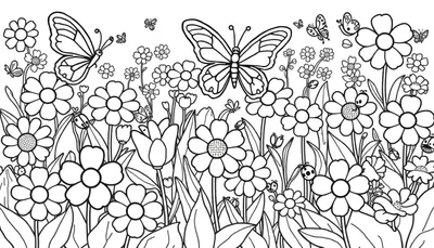 Placa de color de un jardín lleno de flores felices y mariposas amigables, para colorear.