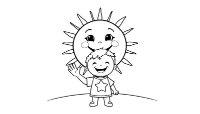 Placa de color de un niño saludando al sol sonriente.
