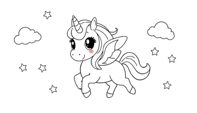 Placa de color de un unicornio Kawaii con alas de arcoíris, nubes y estrellas.