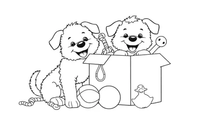 Placa de color de dos perros de caricatura con una caja de juguetes.