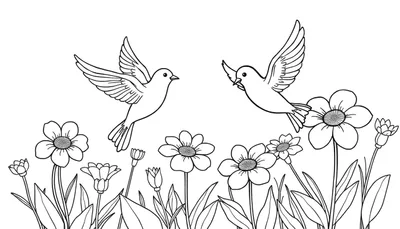 Placa de color: dos pájaros volando sobre flores.