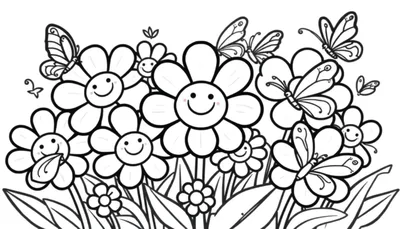 Página para colorear de flores sonrientes con mariposas, lista para añadir tu toque de color.