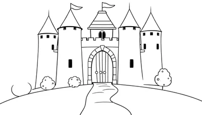 Un castillo en una colina con cinco torres y un camino, una placa de color para colorear.