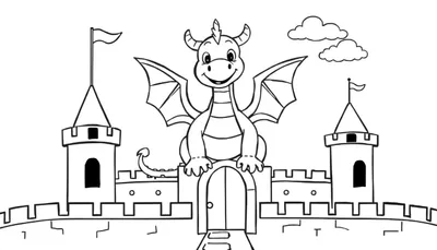 Placa de color: dragón sonriente con alas pequeñas, cuernos y cola en espiral sentado en un castillo de dibujos animados con torres, almenas y banderas ondeando.